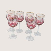 1960s Bohemian Cranberry Glass Wine Goblet Set with Gold Rim