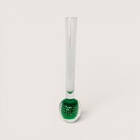 Vintage Holmegaard Orchid art glass vase featuring a clear stem on a weighted green controlled bubble base.