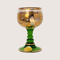 1960s Bohemian Green Glass High Enamel Gold Trim Bowl Cordial Set 