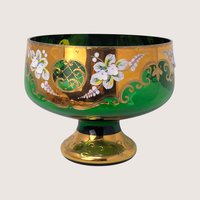 1960s Bohemian Green Glass High Enamel Gold Trim Bowl Cordial Set 