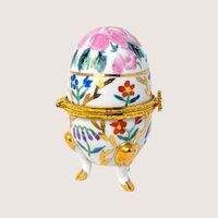 1980s Vintage Footed Porcelain Egg Floral Trinket Box