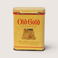 Vintage empty yellow Old Gold cigarette pocket tin with red lettering and a gold coin graphic on the front.