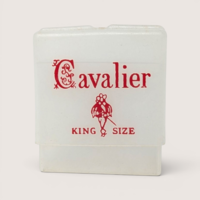 Vintage empty frosted white plastic Cavalier King Size cigarette case with red text and logo.