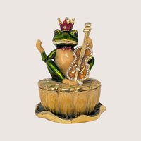 1990s Enameled Frog Violin Whimsical Trinket Box