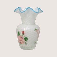 1970s Fenton Opalescent Swirl Glass Painted Rose Vase