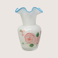 1970s Fenton Opalescent Swirl Glass Painted Rose Vase