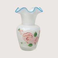 1970s Fenton Opalescent Swirl Glass Painted Rose Vase