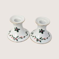 1980s Lefton Ceramic Holly Berry Candlestick Holder Pair