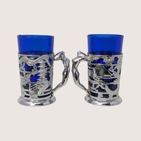 1950s Japanese Silver Plated Tankards with Cobalt Glass