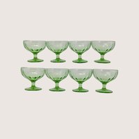Set of eight vintage Anchor Hocking cameo green depression glass sherbet cups arranged in two rows.