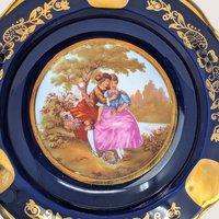 Vintage Limoges Cobalt Blue Porcelain Ashtray Gilded Romantic Scene