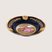Vintage Limoges Cobalt Blue Porcelain Ashtray Gilded Romantic Scene