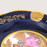 Vintage Limoges Cobalt Blue Porcelain Ashtray Gilded Romantic Scene