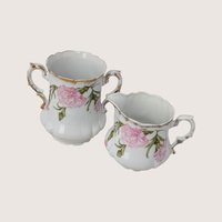 1910s Royal Bavarian PM Porcelain Creamer Sugar Bowl Pink Floral Set