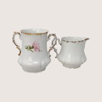 1910s Royal Bavarian PM Porcelain Creamer Sugar Bowl Pink Floral Set