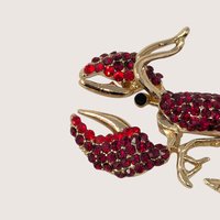 1980s Red Rhinestone Lobster Brooch Gold Tone Nautical Figural Pin