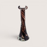 Vintage 1970s Murano style art glass bud vase featuring a deep brown ribbon swirl pattern and a pinched tricorn rim.