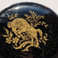 Vintage Chokin Style Gold Ram Lacquerware Glass Dome Paperweight