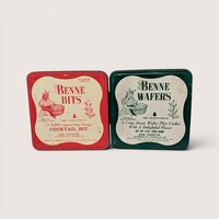 Pair of vintage square metal Byrd Cookie Co tins for Benne Bits in red and Benne Wafers in green from Savannah Georgia.
