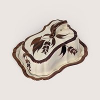 Vintage Lancaster and Sandland Englishware ceramic butter dish with copper lustre leaf design and matching base tray.