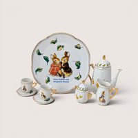 Vintage 2002 Beatrix Potter 10-piece porcelain mini tea set with gold trim featuring Peter Rabbit and Benjamin Bunny illustrations.