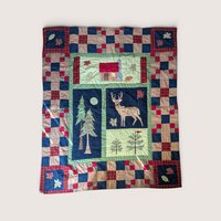 1990s Vintage Handmade Patchwork Deer Cabin Quilt