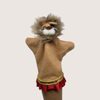 Vintage handmade felt lion puppet with a fluffy faux fur mane and red ruffled skirt with gold trim.