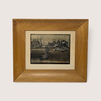 Vintage 1950s gold foil etched print titled San Pedro by Lionel Barrymore depicting a coastal harbor with moored boats in a deep wood frame.