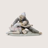 1980s Paul Sebastian fine porcelain figurine depicting a ballet dancer and companion with pastel glazes and original tag.