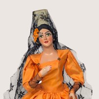 Vintage Spanish Senorita Doll in Orange Dress and Black Lace Mantilla