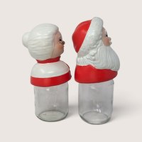Vintage Ceramic Mr And Mrs Claus Mason Jar Topper Set With Glass Bases