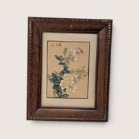 Vintage Asian Wood Framed Botanical Bird Art Prints Pair