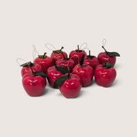 Set of 12 vintage red apple Christmas tree ornaments with green leaves and gold hanging loops.
