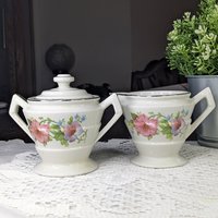 Hall's Superior Kitchenware Quality Pink Petunia Sugar & Creamer