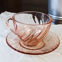 Arcoroc of France Rosaline Pink Swirl Tea Cups and Saucers, Set of 2
