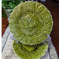 3 Sarrguemines Majolica Green Embossed Fruit Plates 7.5"