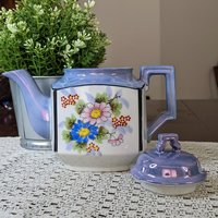 Vintage Teapot Lusterware Blue with  Flowers - Made in Japan - Imperfect