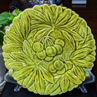 3 Sarrguemines Majolica Green Embossed Fruit Plates 7.5"