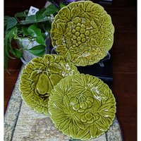 3 Sarrguemines Majolica Green Embossed Fruit Plates 7.5"