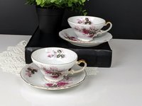 Set of  2 Harmony House Eugenie Rose Pink Roses Gold Rim Tea Cup & Saucers