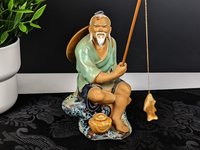 Vintage Chinese Shiwan Mudman with Fish and Pole, Green Shirt IMPERFECT