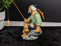 Vintage Chinese Shiwan Mudman with Fish and Pole, Green Shirt IMPERFECT