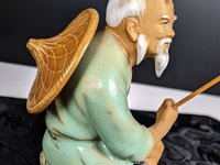 Vintage Chinese Shiwan Mudman with Fish and Pole, Green Shirt IMPERFECT