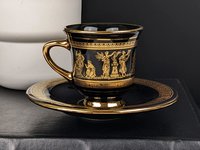 Vintage I. Spyropoulos Black and Gold Demitasse Cup and Saucer Set, Hand Painted in Greece