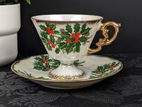 Vintage Ucago December Holly Tea Cup and Saucer Set