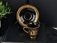 Vintage I. Spyropoulos Black and Gold Demitasse Cup and Saucer Set, Hand Painted in Greece