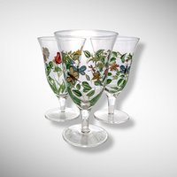 Set of 3 Hand Painted Water Goblets with Flowers and Butterflies
