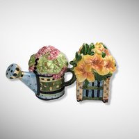 Vintage Sakura Watering Can and Flower Box Salt and Pepper Shakers
