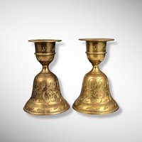 Pair of Vintage Brass Bell Candlestick Holders, Z.Y. India World Gift