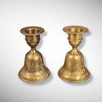 Pair of Vintage Brass Bell Candlestick Holders, Z.Y. India World Gift